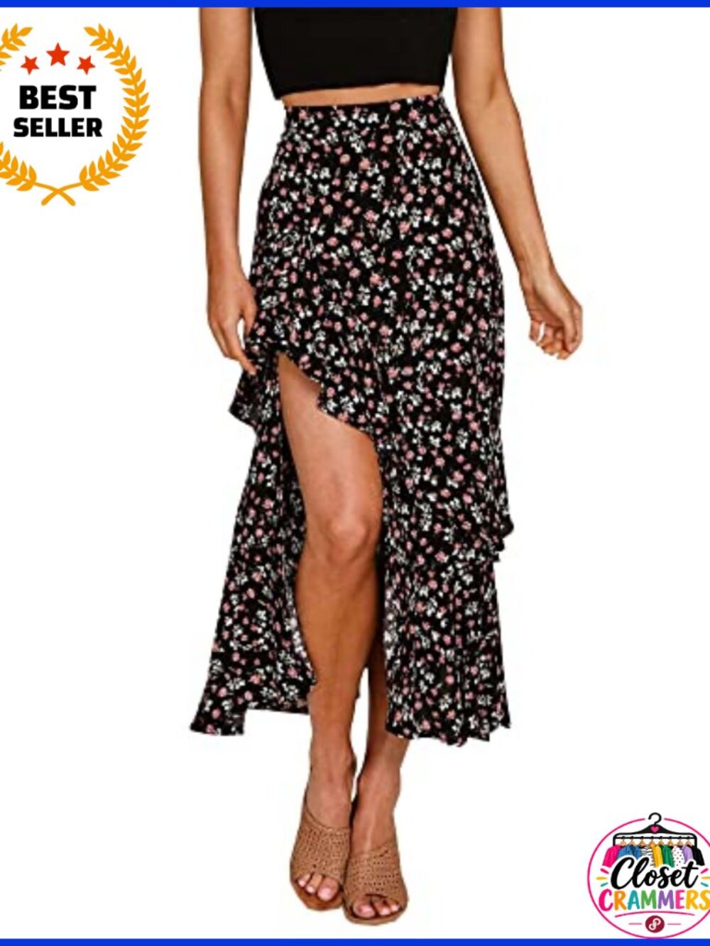 Boho High Low Floral Maxi Skirt Ruffle High Split A-Line